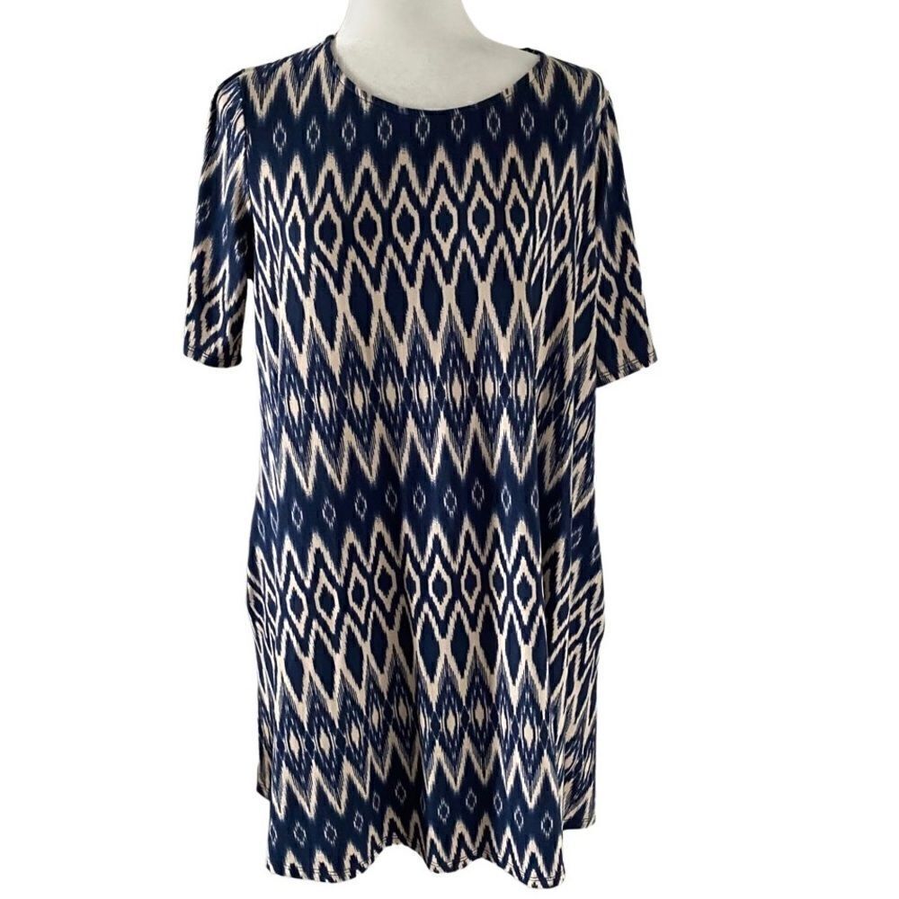 Agnes & Dora Aztec Print Dress Blue Cream Short Sleeves Pockets XL